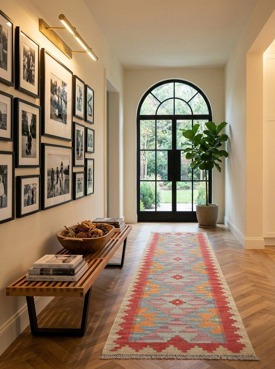 Kelim Gashgai — Handgefertigt, 190x56 cm, Rot, 100% Virgin Wool | Detail view