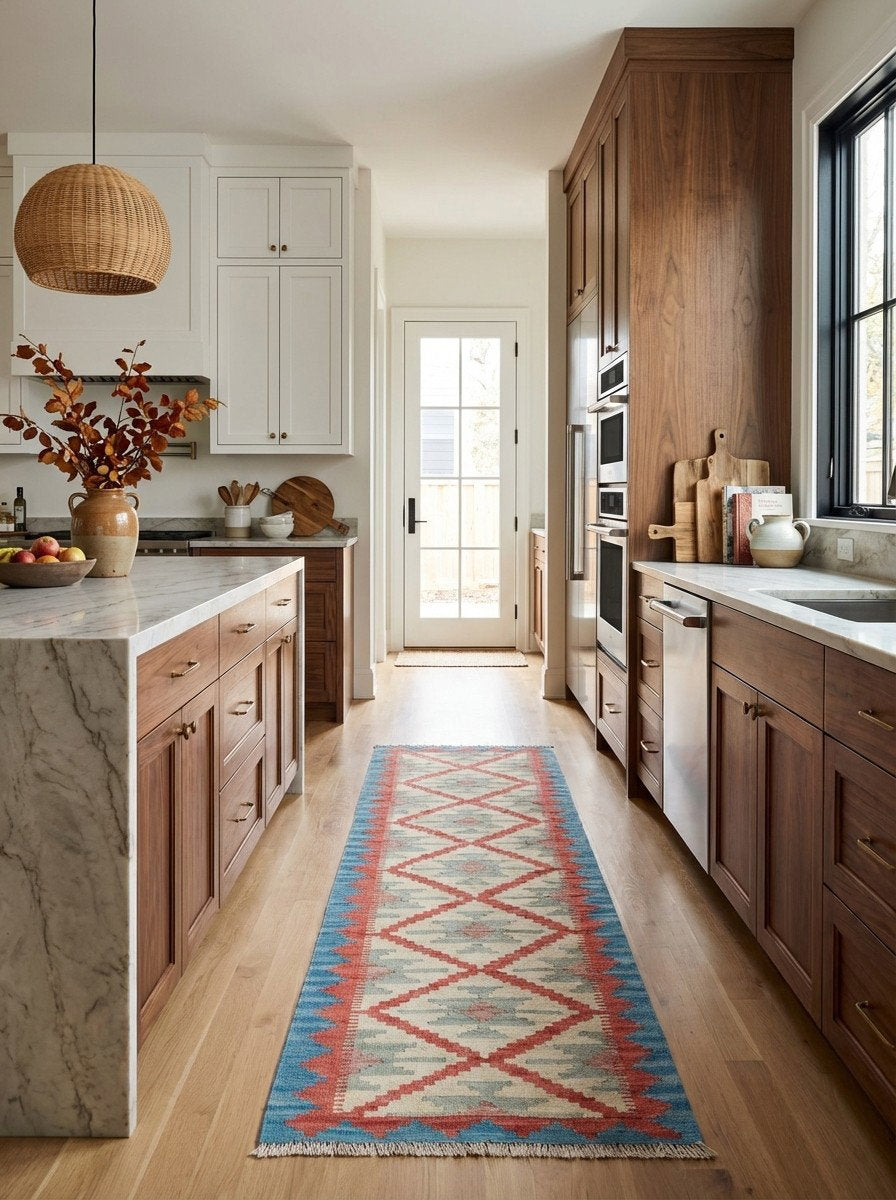 Kelim Gashgai — Handgefertigt, 193x60 cm, Blau, 100% Virgin Wool | Back view