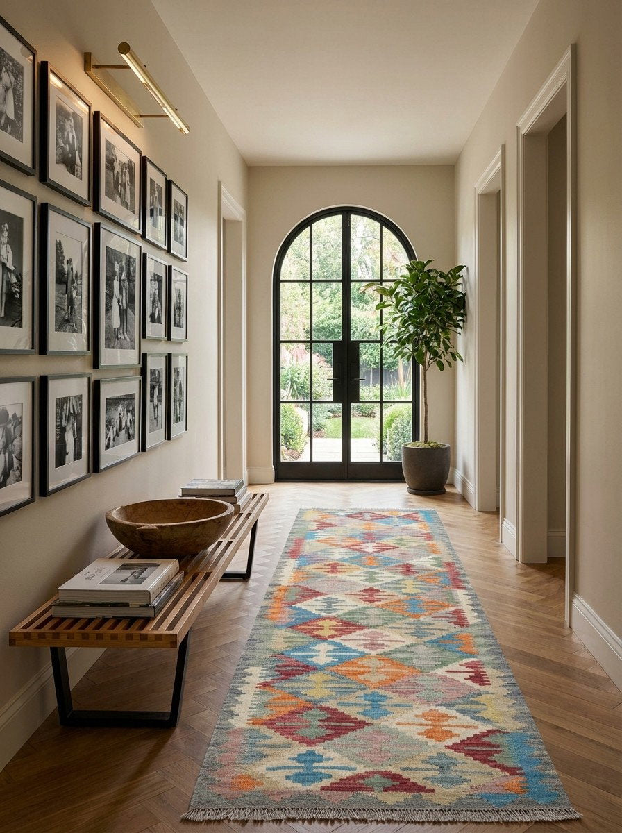 Kelim Gashgai — Handgefertigt, 192x62 cm, Bunt, 100% Virgin Wool | Detail view