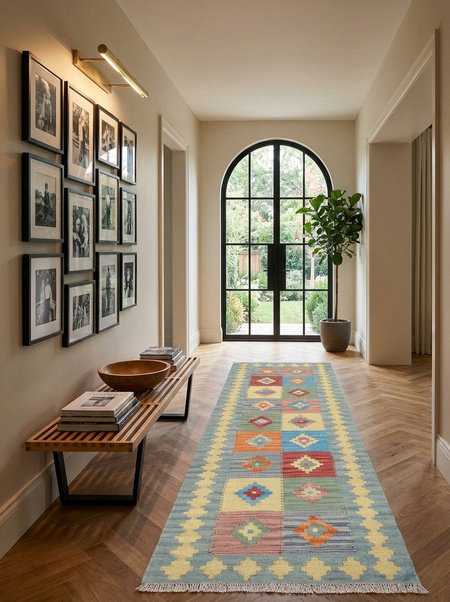 Kelim Gashgai — Handgefertigt, 198x62 cm, Gelb, 100% Virgin Wool | Detail view