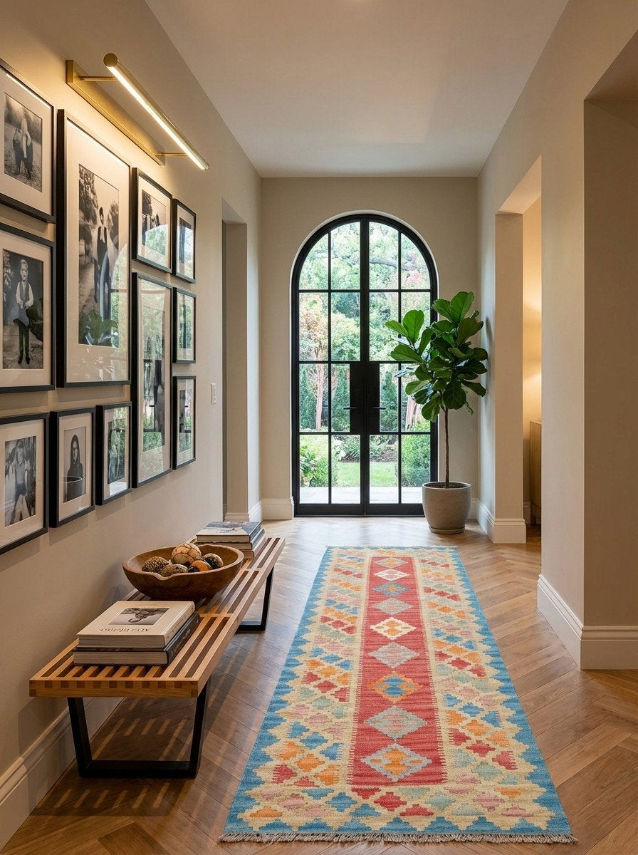 Kelim Gashgai — Handgefertigt, 196x64 cm, Beige, 100% Virgin Wool | Detail view