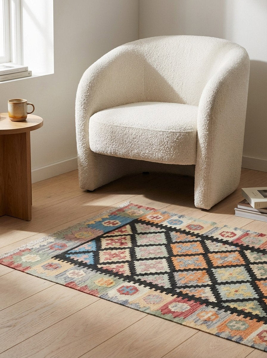 Kelim Gashgai — Handgefertigt, 203x87 cm, Bunt, 100% Virgin Wool | Detail view