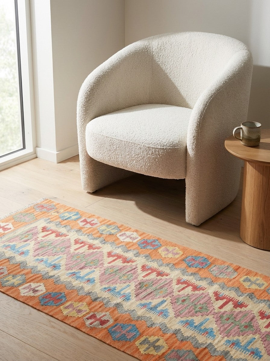 Kelim Gashgai — Handmade, 85x198 cm, Beige, 100% Virgin Wool | Detail view