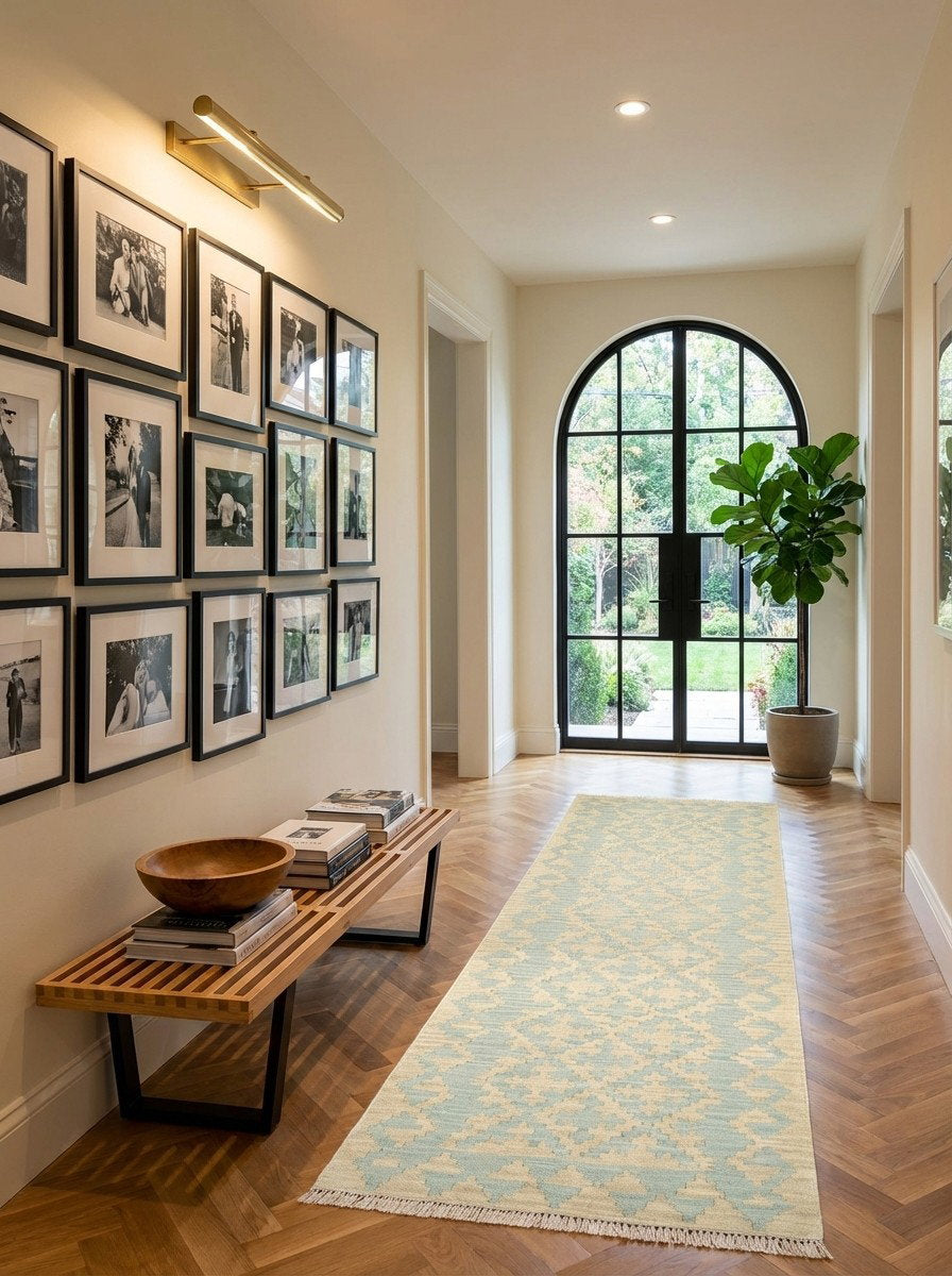 Kelim Gashgai — Handgefertigt, 255x85 cm, Beige, 100% Virgin Wool | Detail view