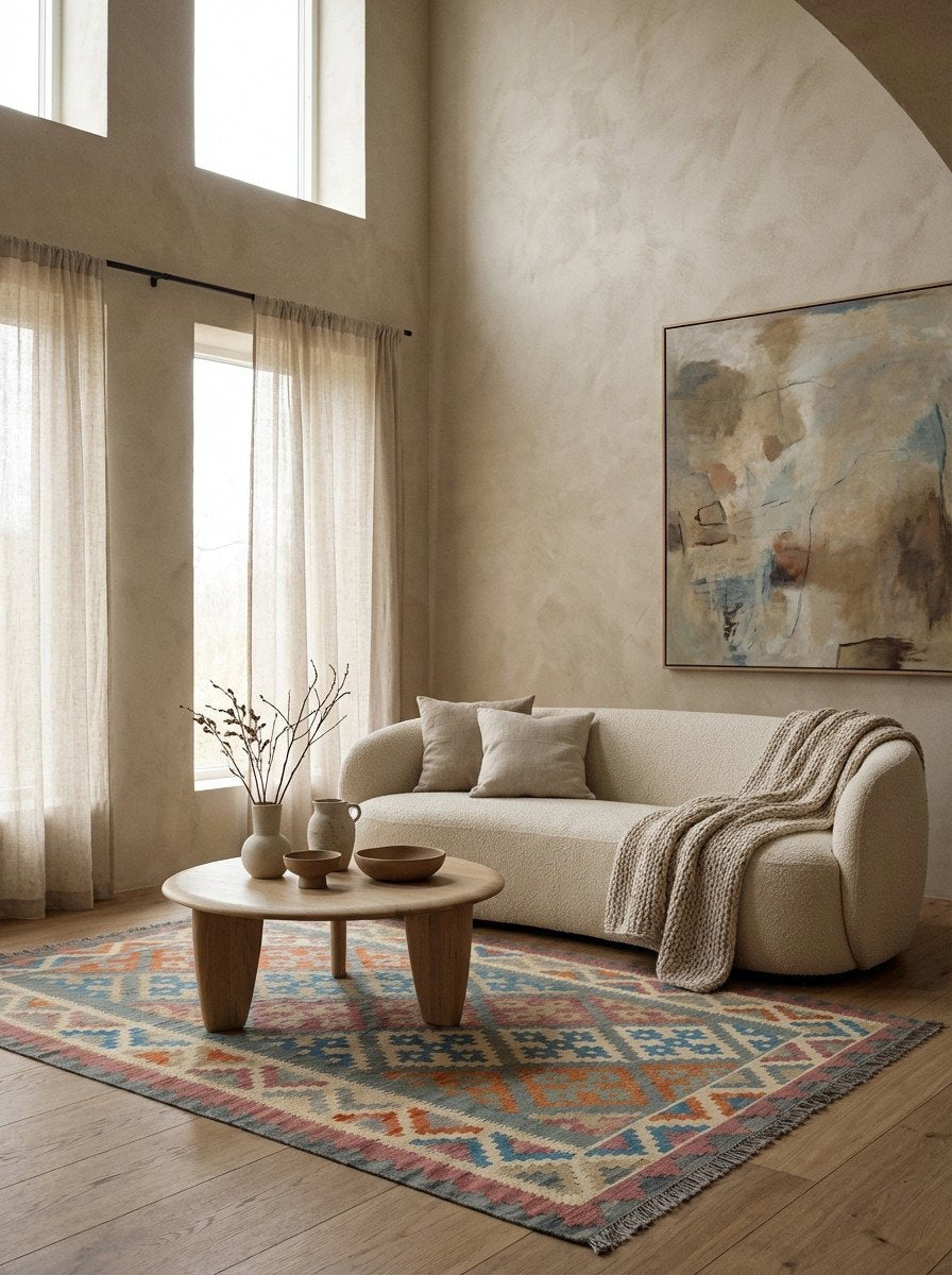 Kelim Gashgai — Handgefertigt, 182x128 cm, Beige, 100% Virgin Wool | Detail view