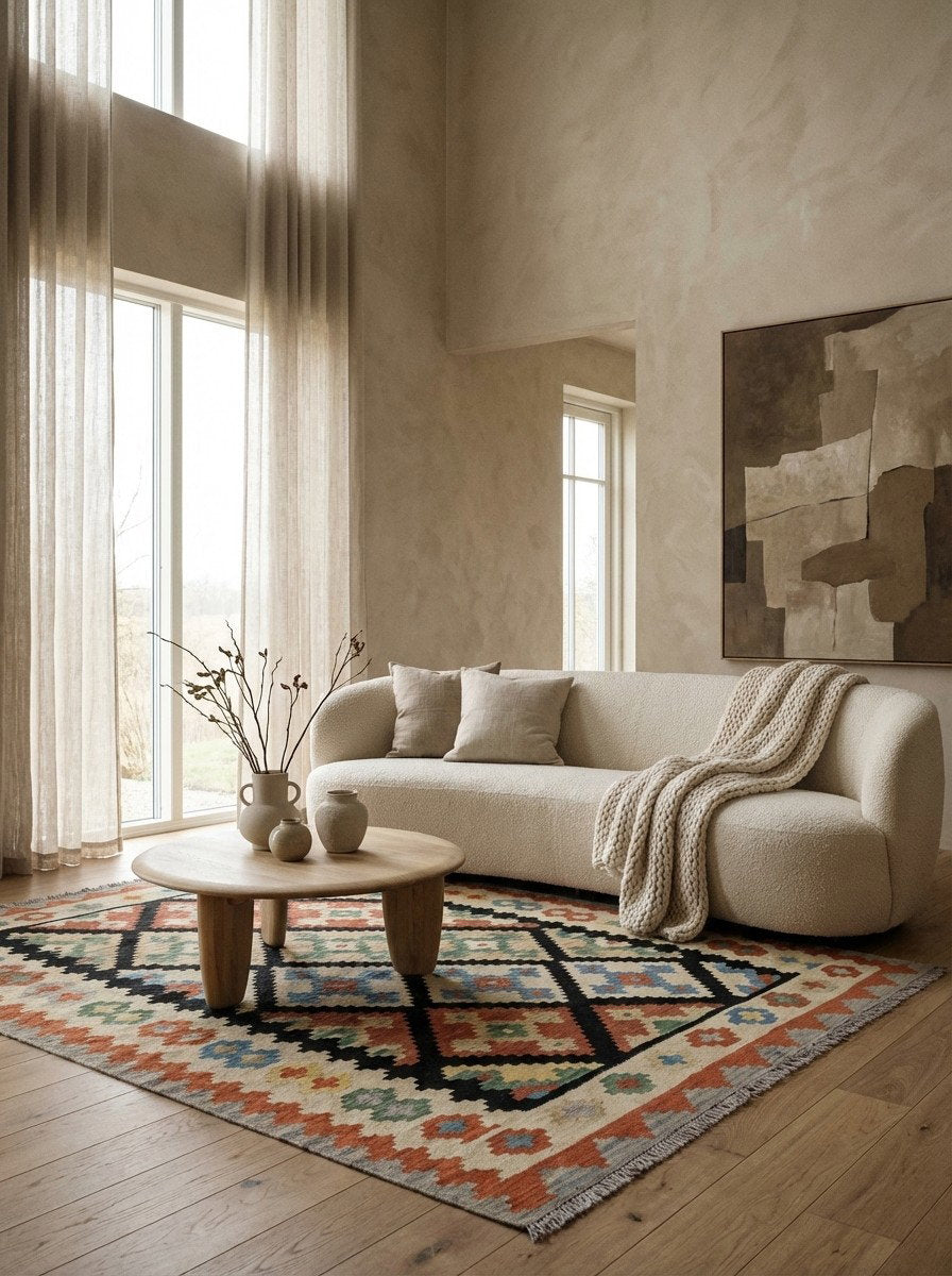 Kelim Gashgai — Handgefertigt, 190x152 cm, Beige, 100% Virgin Wool | Detail view