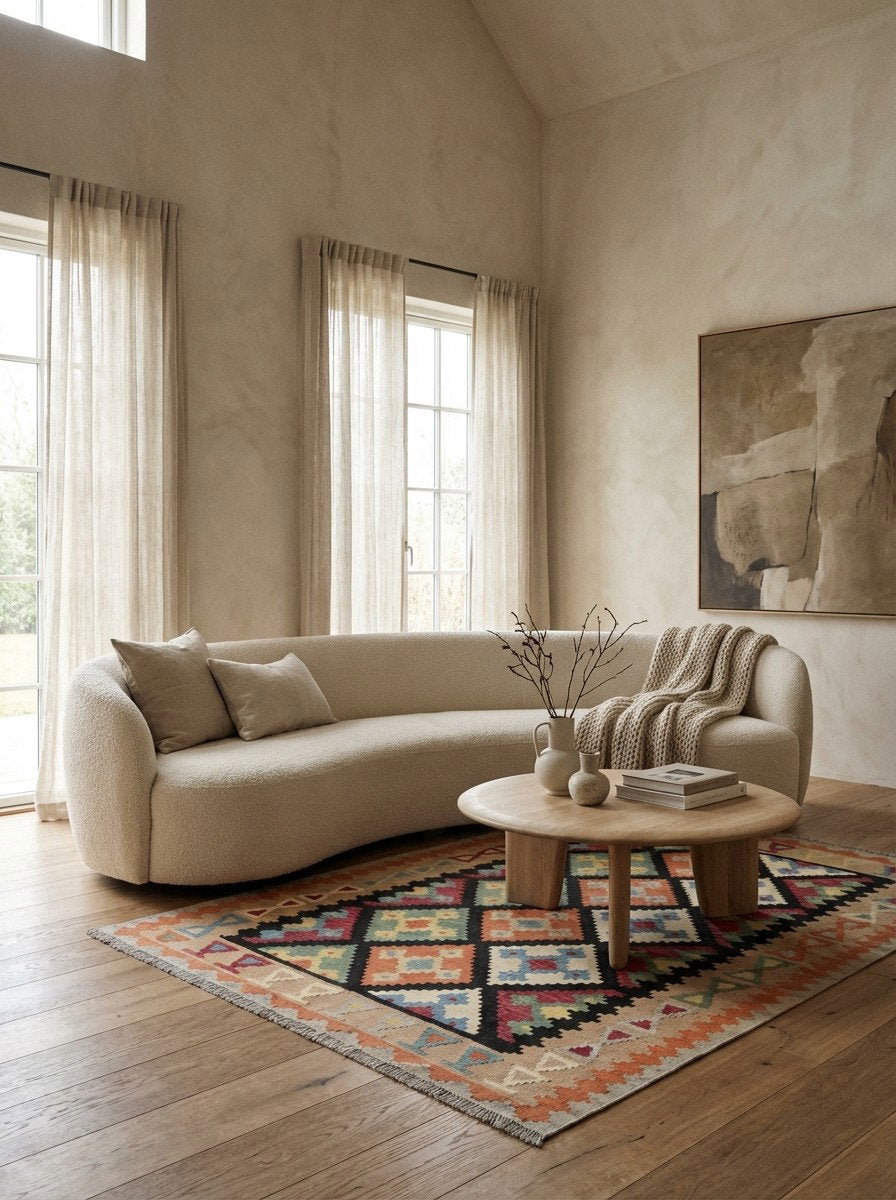 Kelim Gashgai — Handgefertigt, 202x157 cm, Beige, 100% Virgin Wool | Detail view