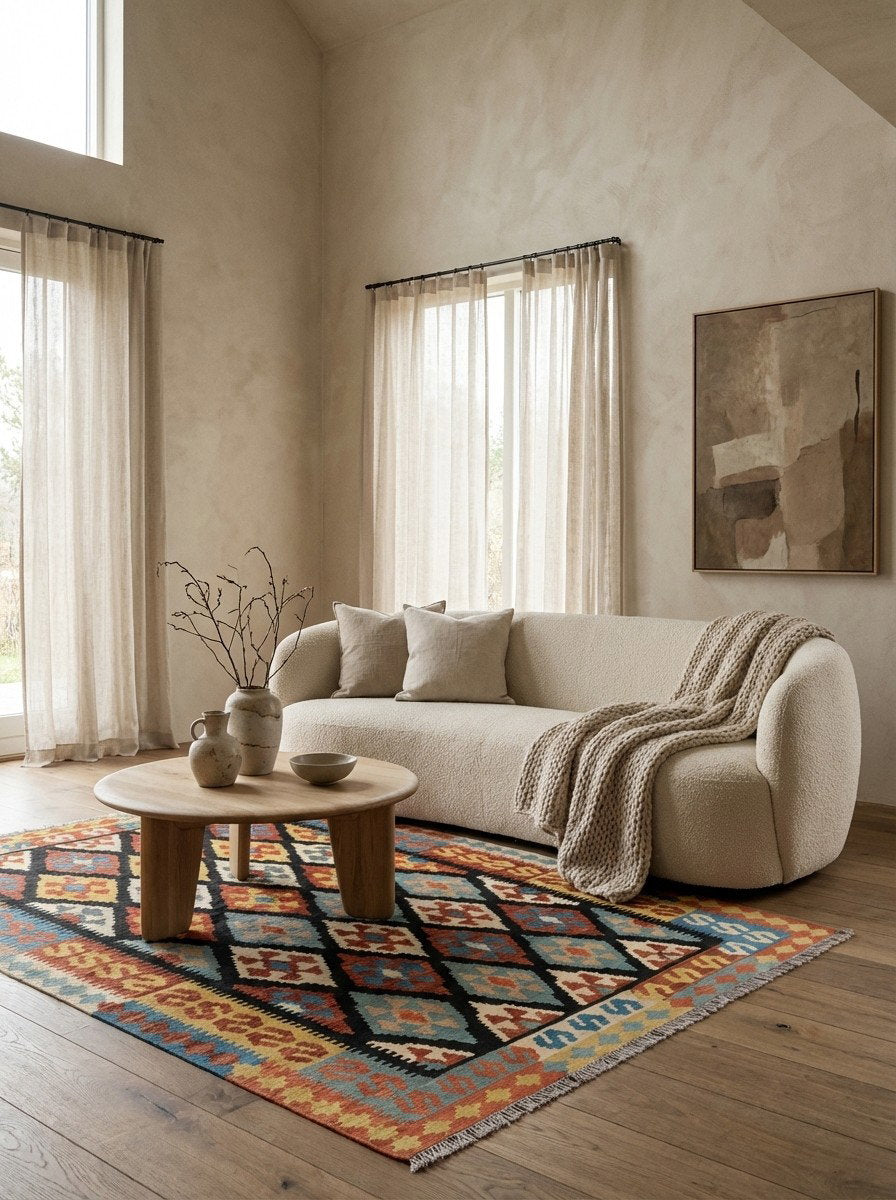 Kelim Gashgai — Handgefertigt, 198x157 cm, Bunt, 100% Virgin Wool | Detail view