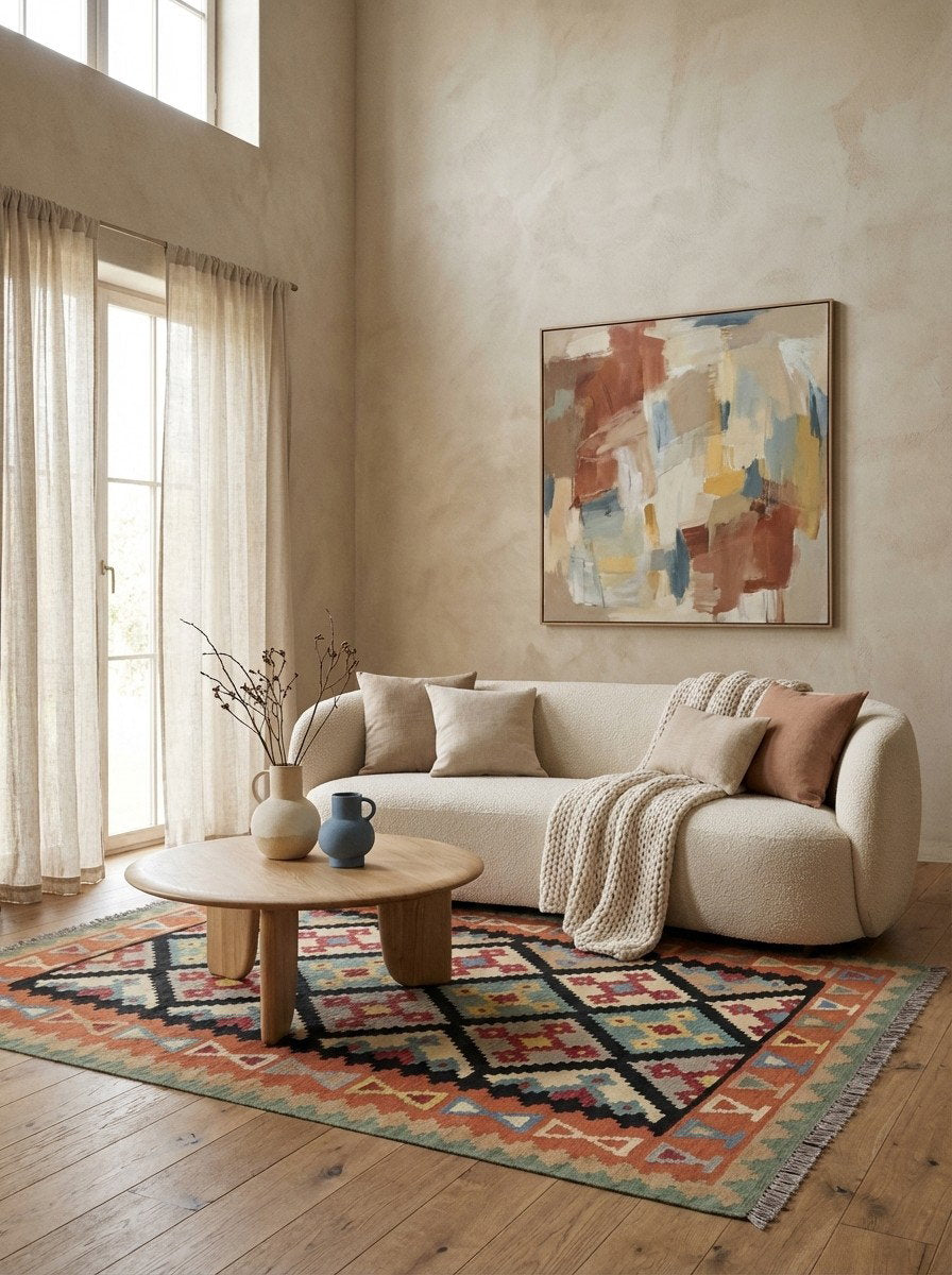 Kelim Gashgai — Handgefertigt, 195x159 cm, Rot, 100% Virgin Wool | Detail view