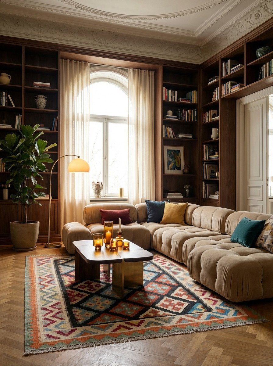 Kelim Gashgai — Handgefertigt, 200x162 cm, Beige, 100% Virgin Wool | Back view