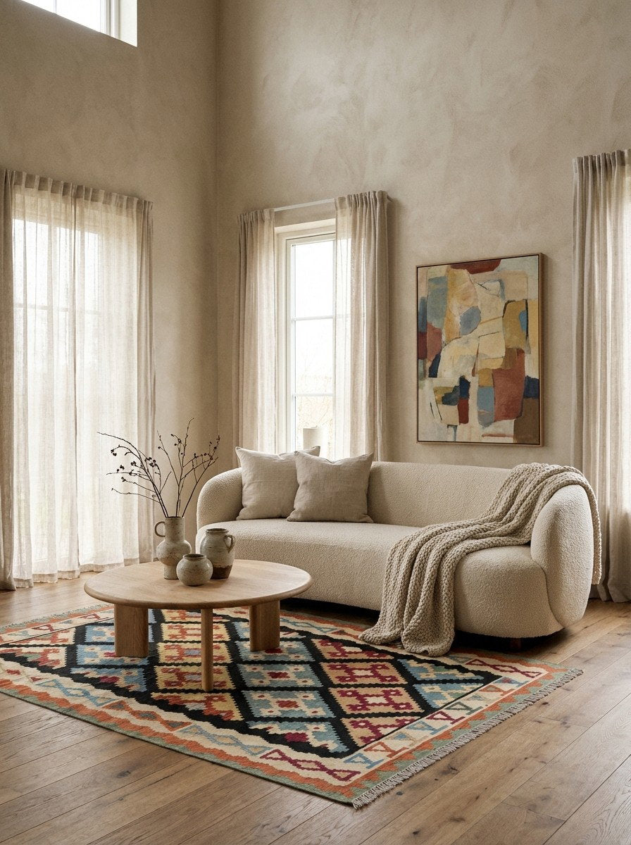 Kelim Gashgai — Handgefertigt, 201x161 cm, Beige, 100% Virgin Wool | Detail view