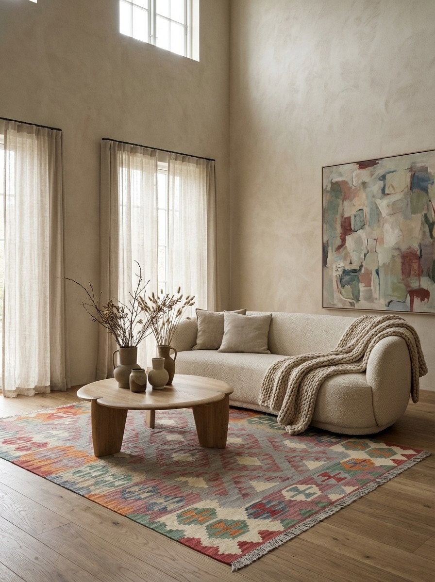 Kelim Gashgai — Handgefertigt, 206x153 cm, Bunt, 100% Virgin Wool | Detail view