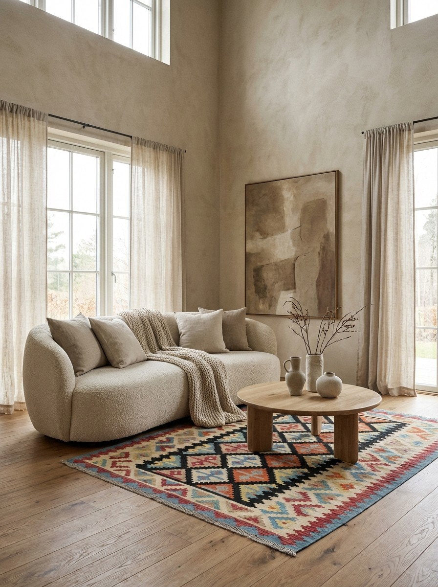 Kelim Gashgai — Handgefertigt, 197x158 cm, Beige, 100% Virgin Wool | Detail view