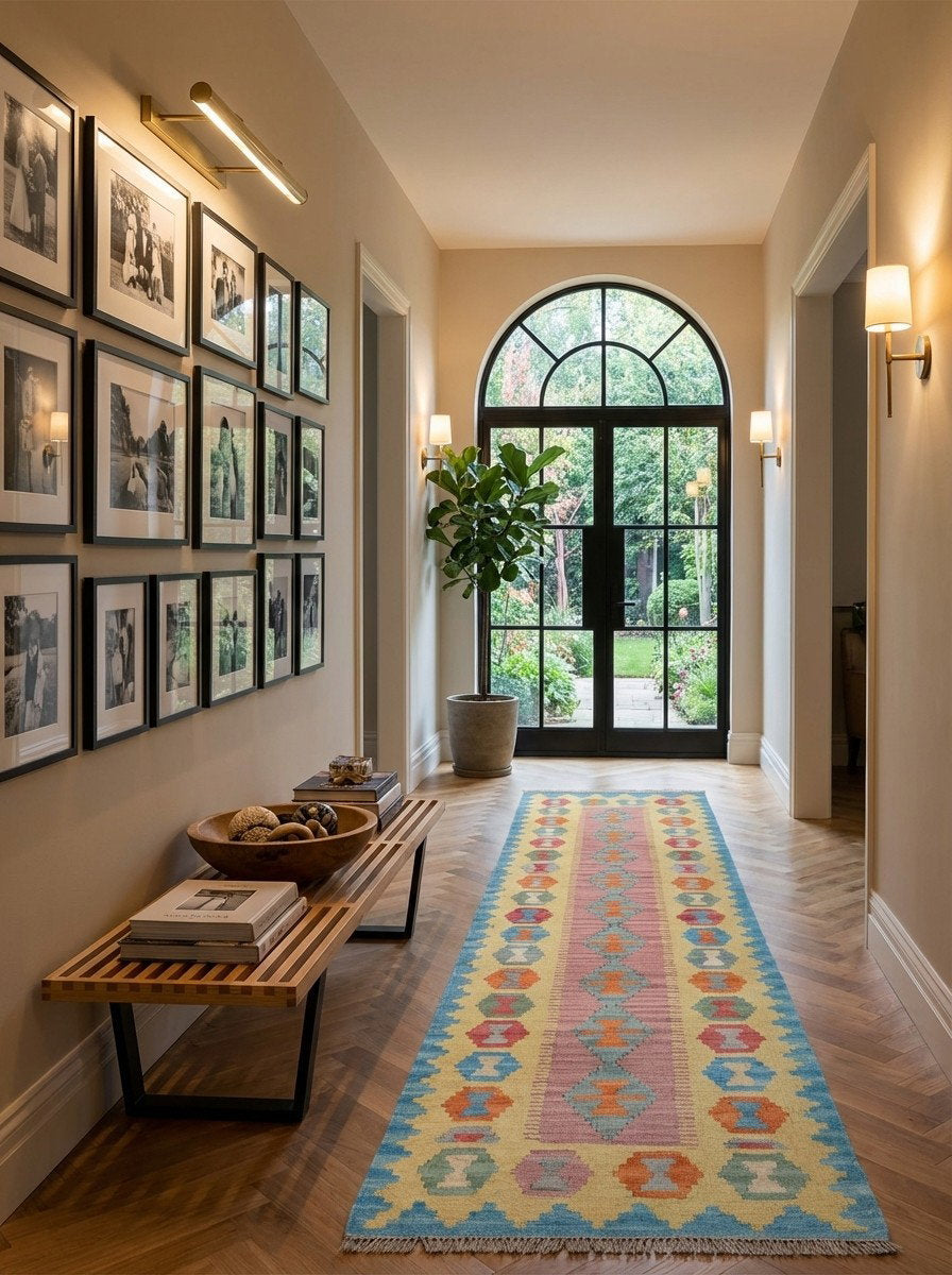 Kelim Gashgai — Handgefertigt, 239x64 cm, Gelb, 100% Virgin Wool | Detail view