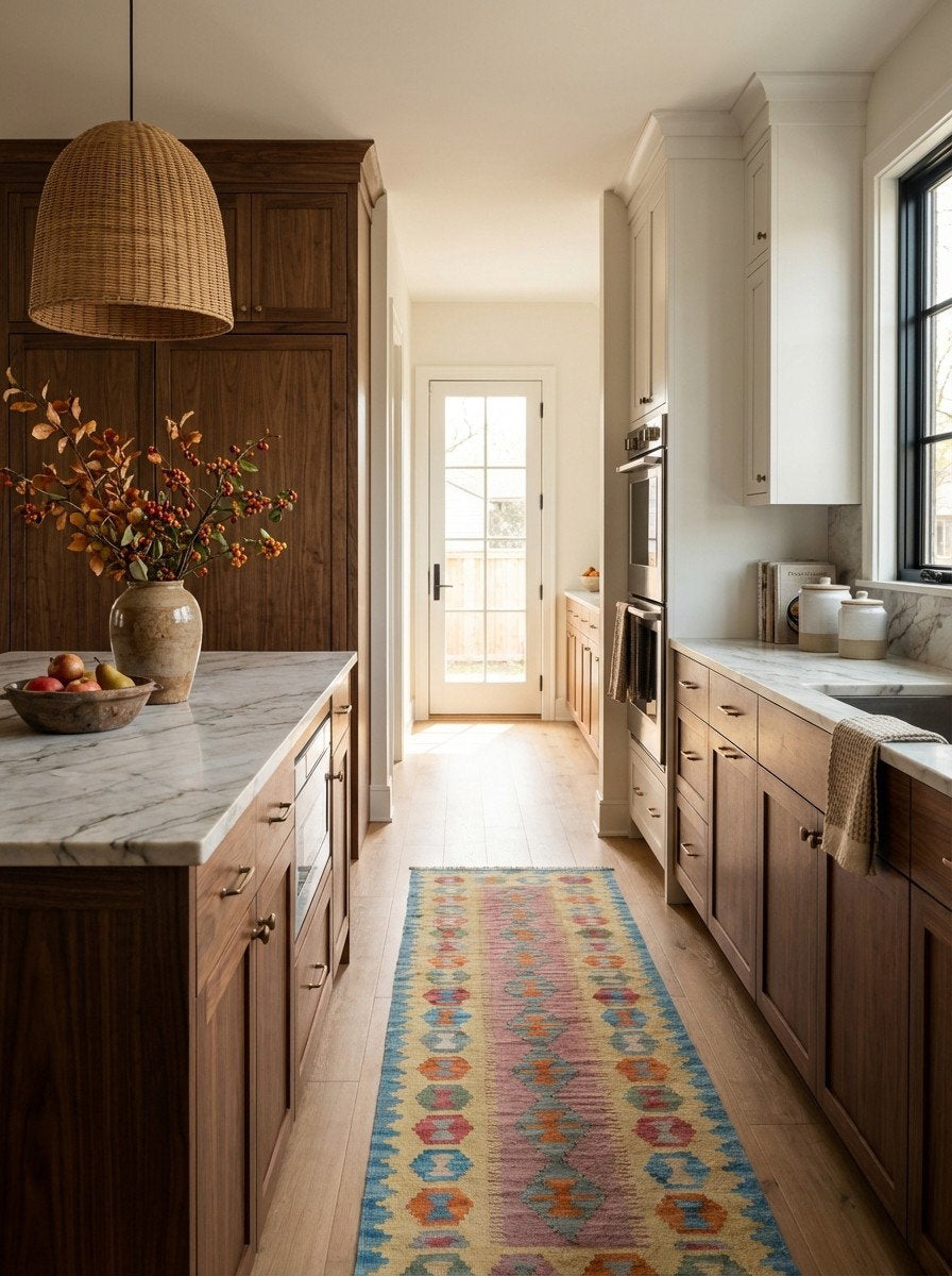 Kelim Gashgai — Handgefertigt, 239x64 cm, Gelb, 100% Virgin Wool | Back view