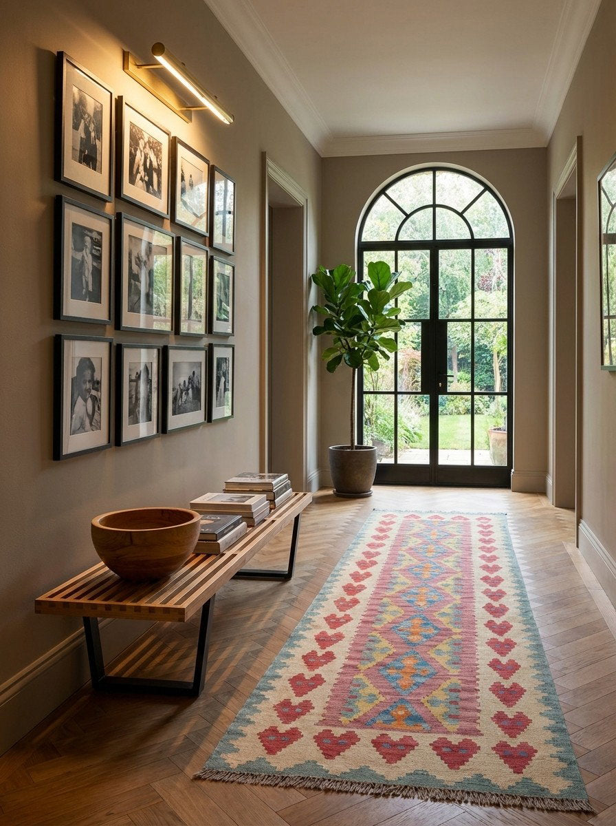 Kelim Gashgai — Handgefertigt, 245x63 cm, Beige, 100% Virgin Wool | Detail view