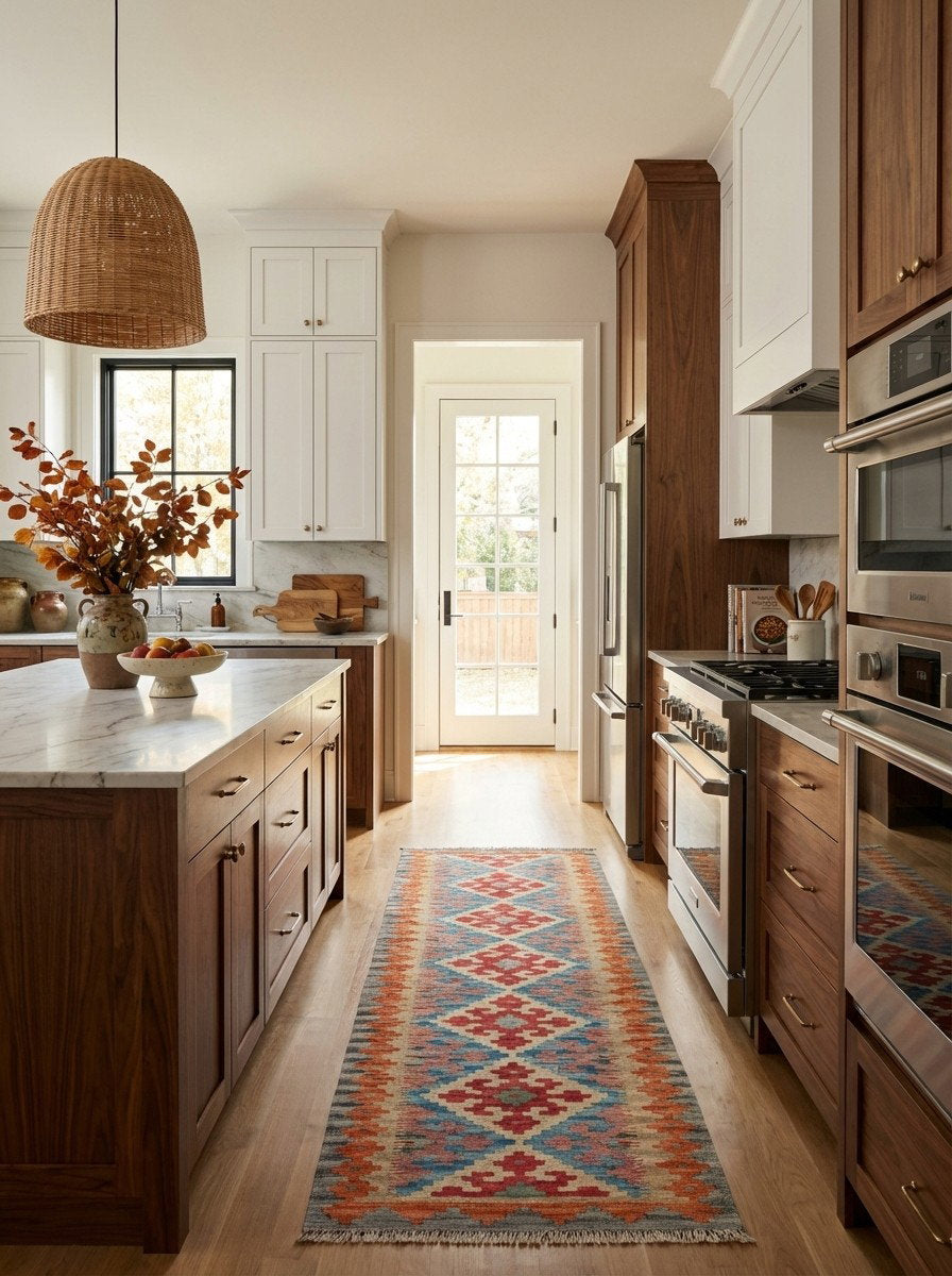 Kelim Gashgai — Handgefertigt, 191x59 cm, Orange, 100% Virgin Wool | Back view