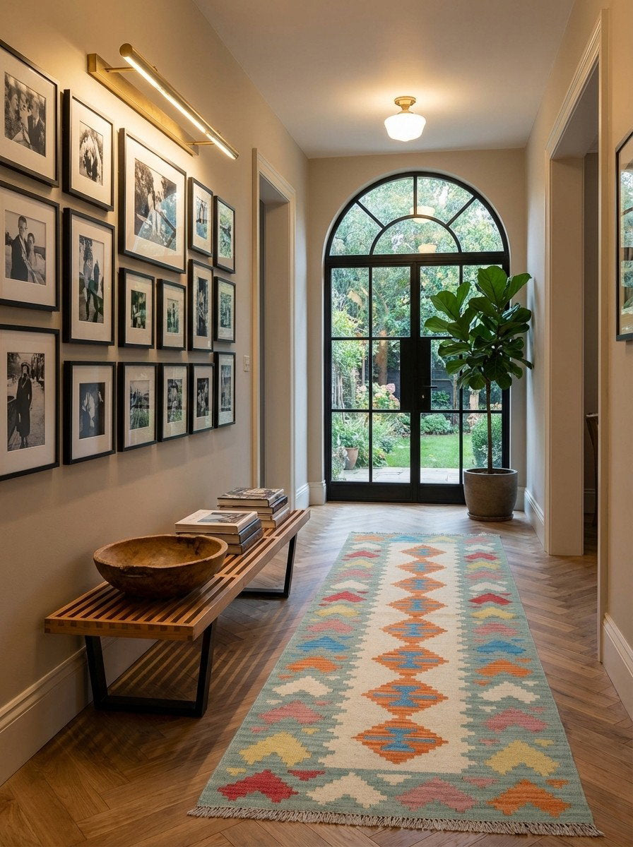 Kelim Gashgai — Handgefertigt, 202x80 cm, Grün, 100% Virgin Wool | Detail view