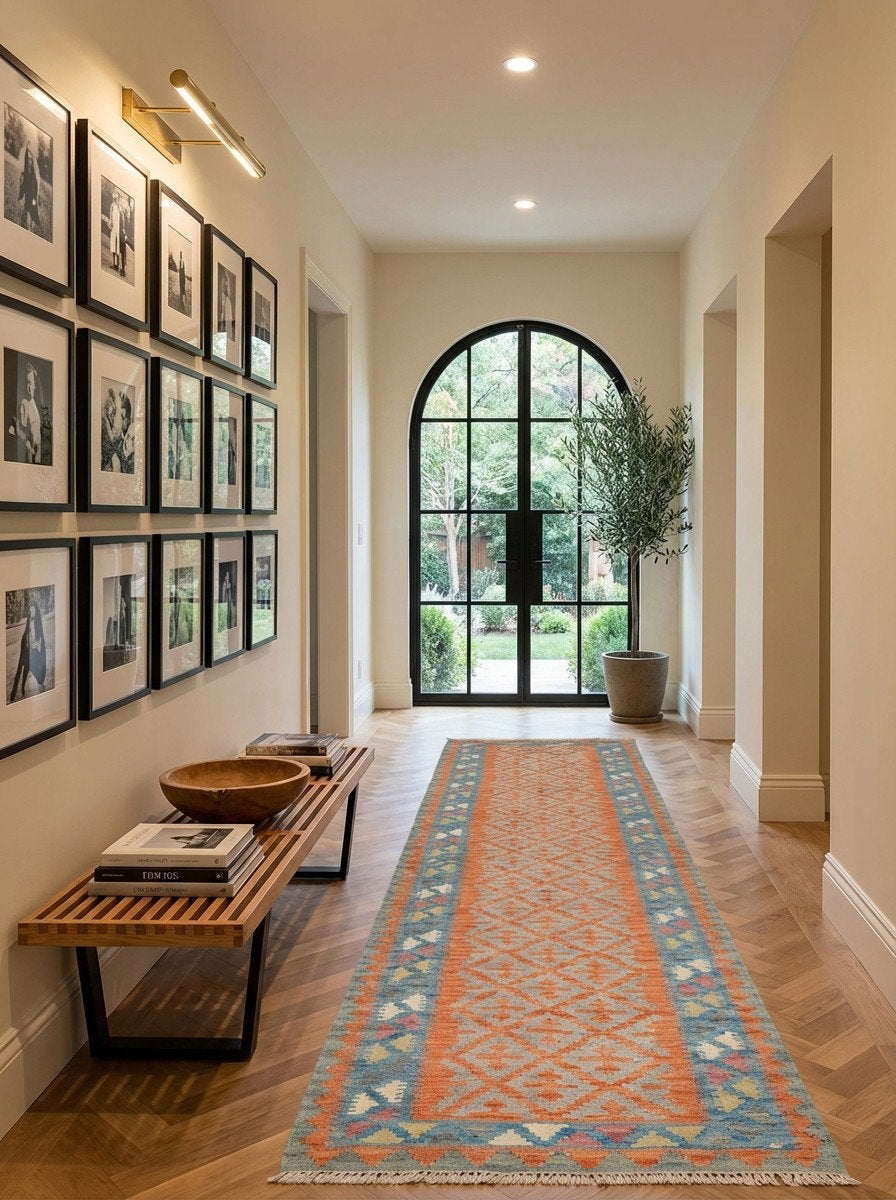 Kelim Gashgai — Handgefertigt, 418x86 cm, Blau, 100% Virgin Wool | Detail view