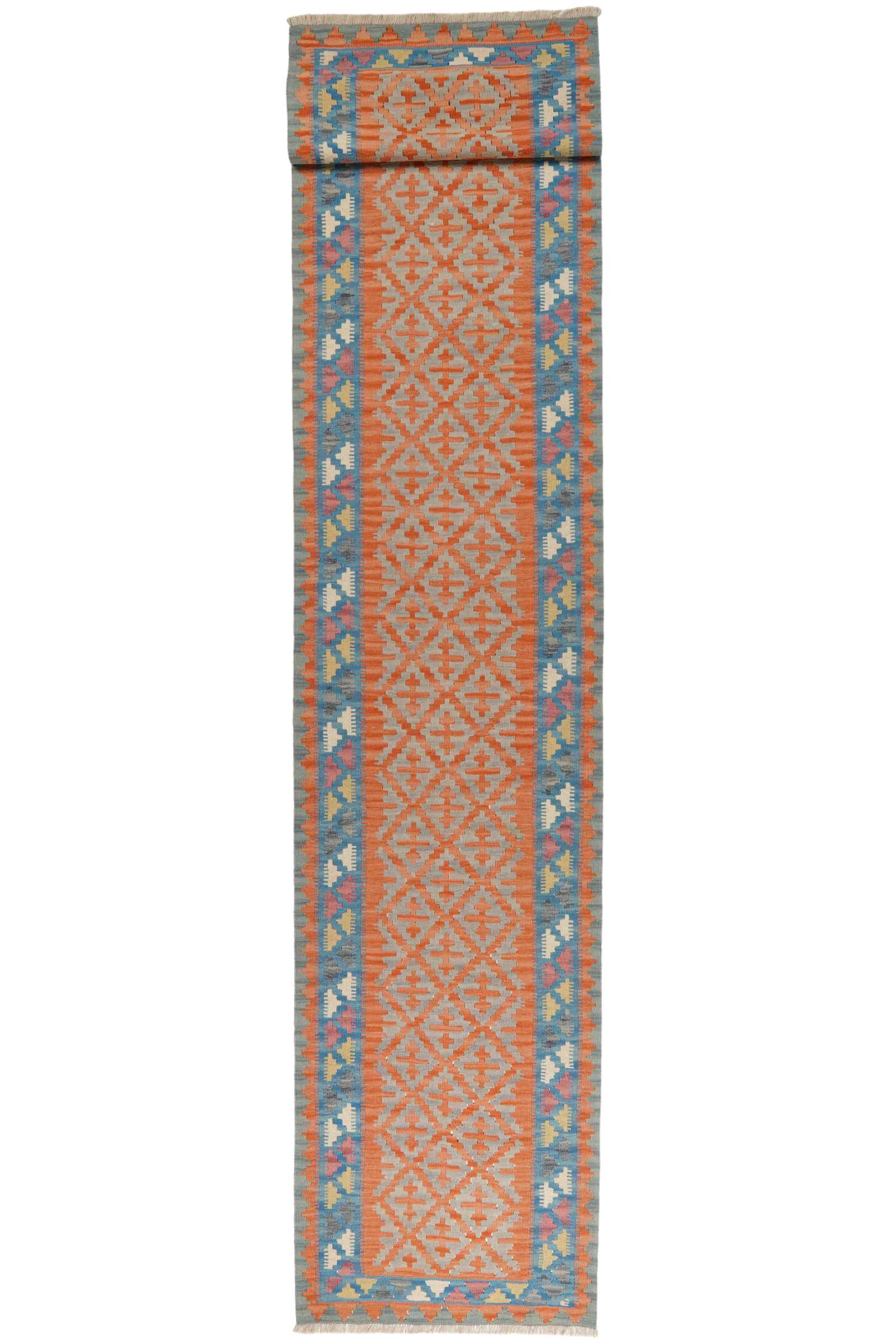 Kelim Gashgai — Handgefertigt, 418x86 cm, Blau, 100% Virgin Wool | Main view