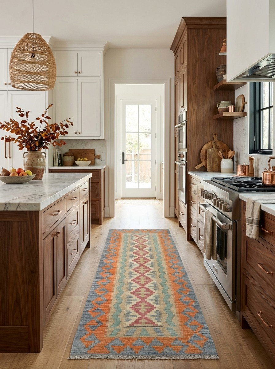 Kelim Gashgai — Handgefertigt, 243x87 cm, Rot, 100% Virgin Wool | Back view