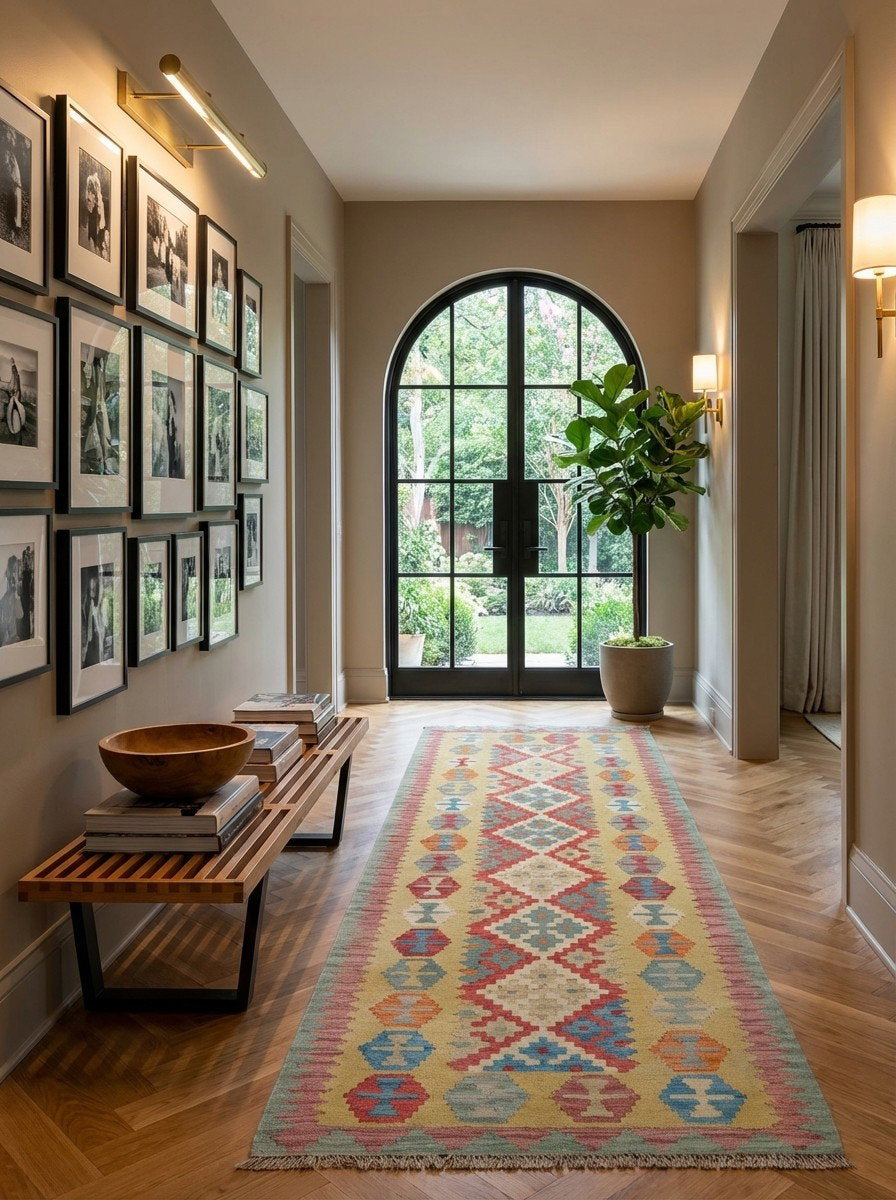 Kelim Gashgai — Handgefertigt, 241x85 cm, Gelb, 100% Virgin Wool | Detail view