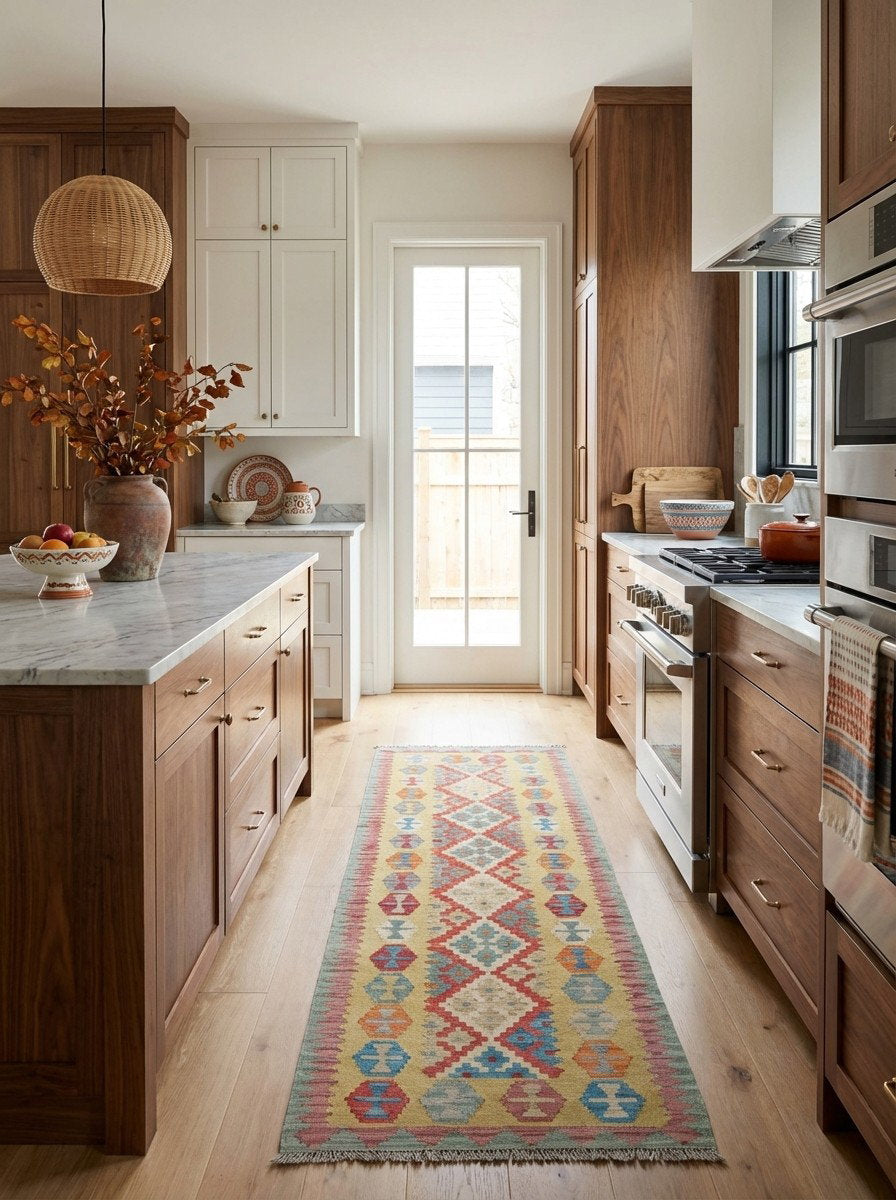 Kelim Gashgai — Handgefertigt, 241x85 cm, Gelb, 100% Virgin Wool | Back view