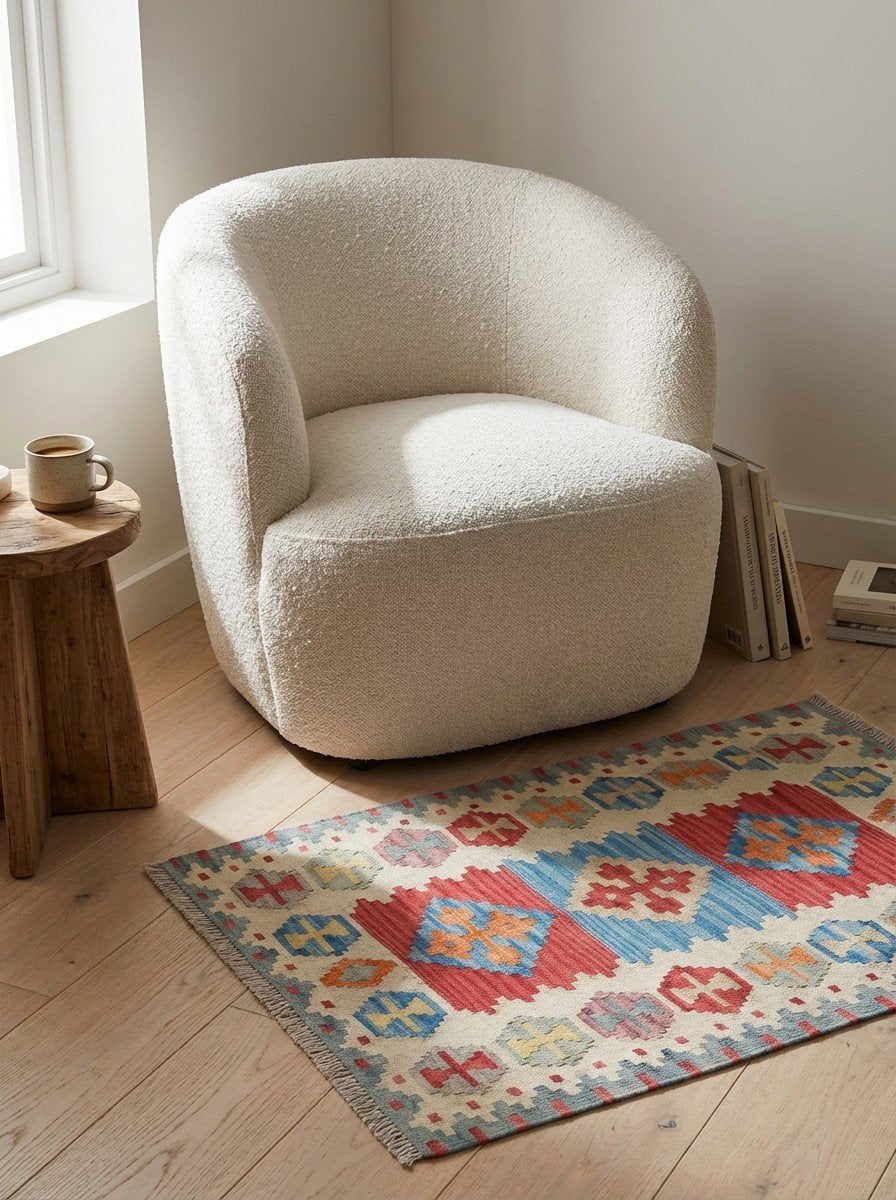 Kelim Gashgai — Handgefertigt, 123x81 cm, Beige, 100% Virgin Wool | Detail view