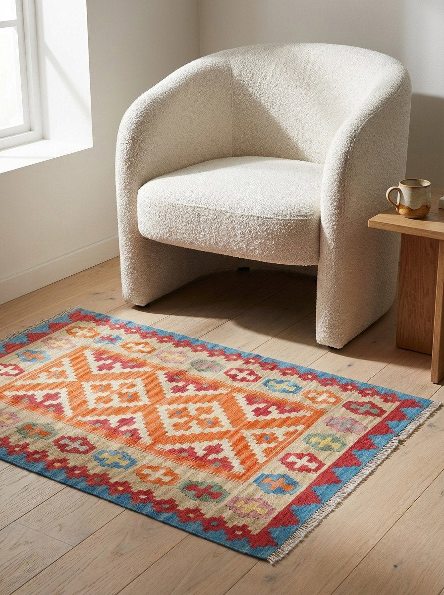 Kelim Gashgai — Handgefertigt, 140x85 cm, Beige, 100% Virgin Wool | Detail view