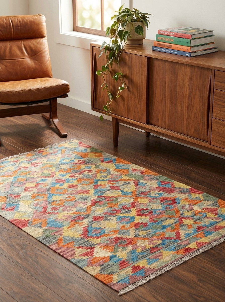 Kelim Gashgai — Handgefertigt, 150x102 cm, Bunt, 100% Virgin Wool | Back view