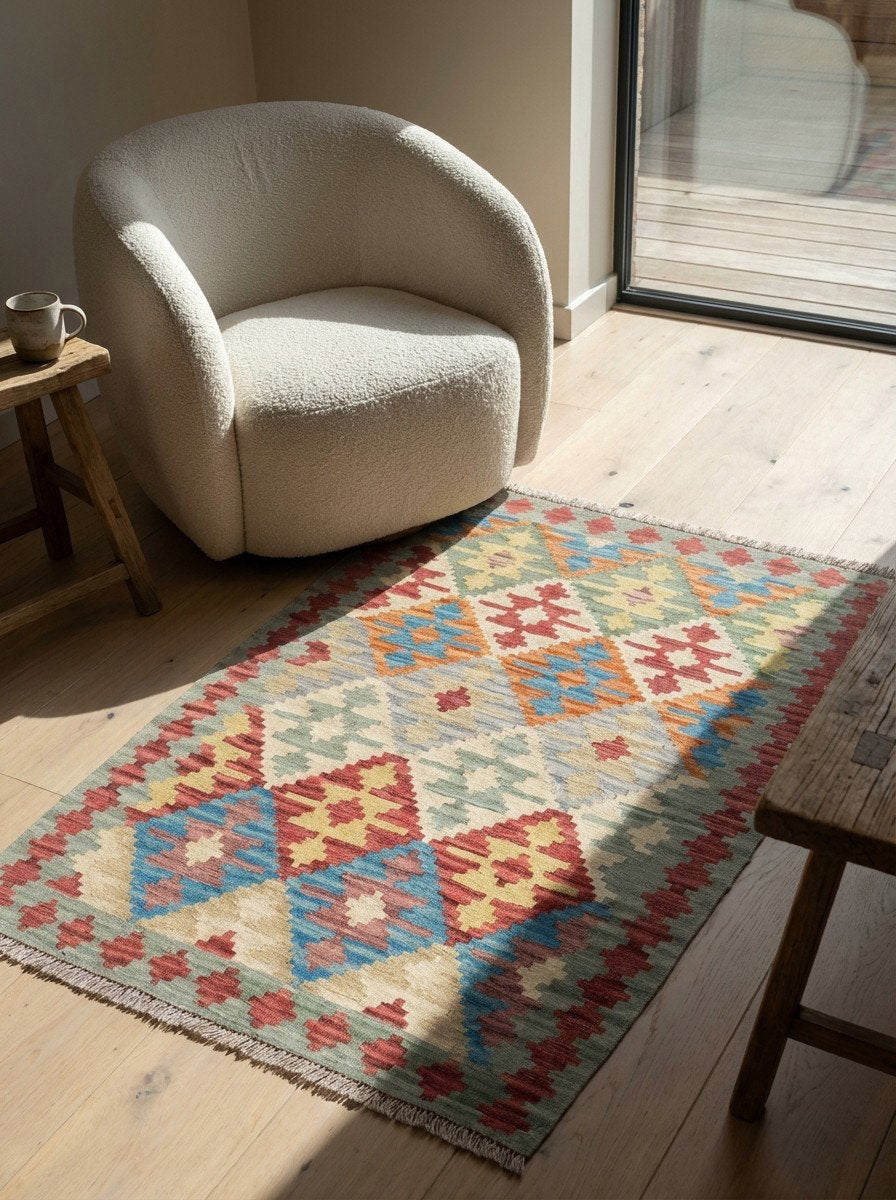 Kelim Gashgai — Handgefertigt, 142x105 cm, Rot, 100% Virgin Wool | Detail view