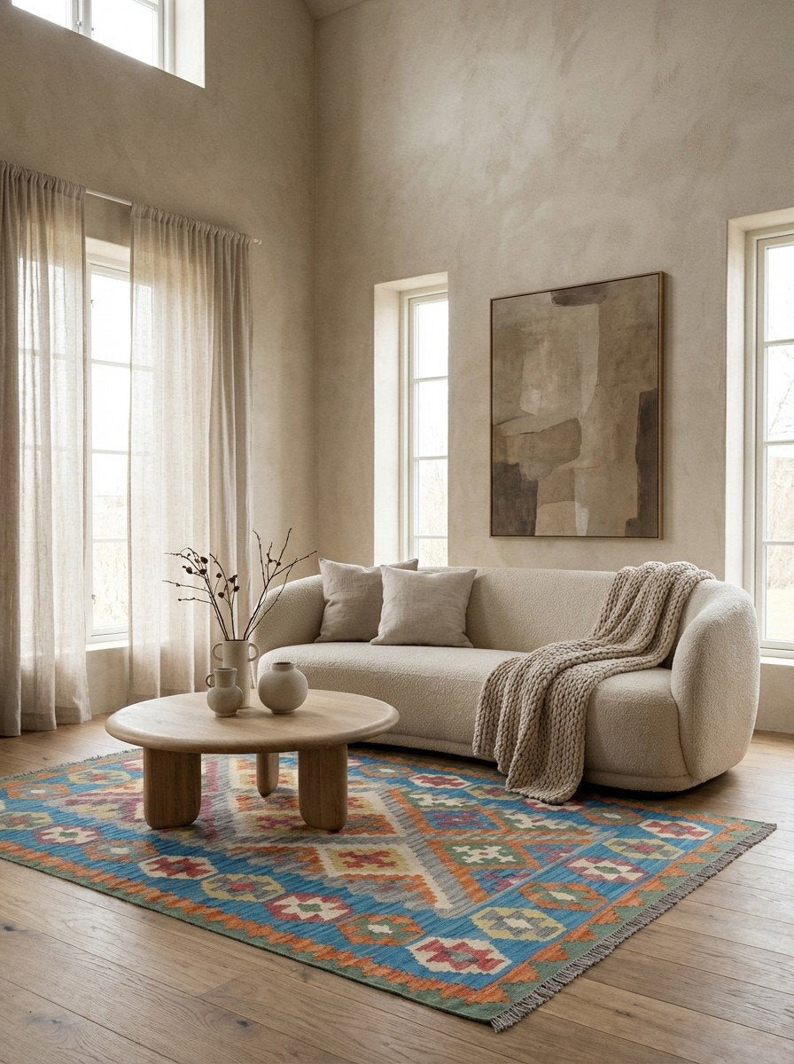 Kelim Gashgai — Handgefertigt, 176x123 cm, Blau, 100% Virgin Wool | Detail view