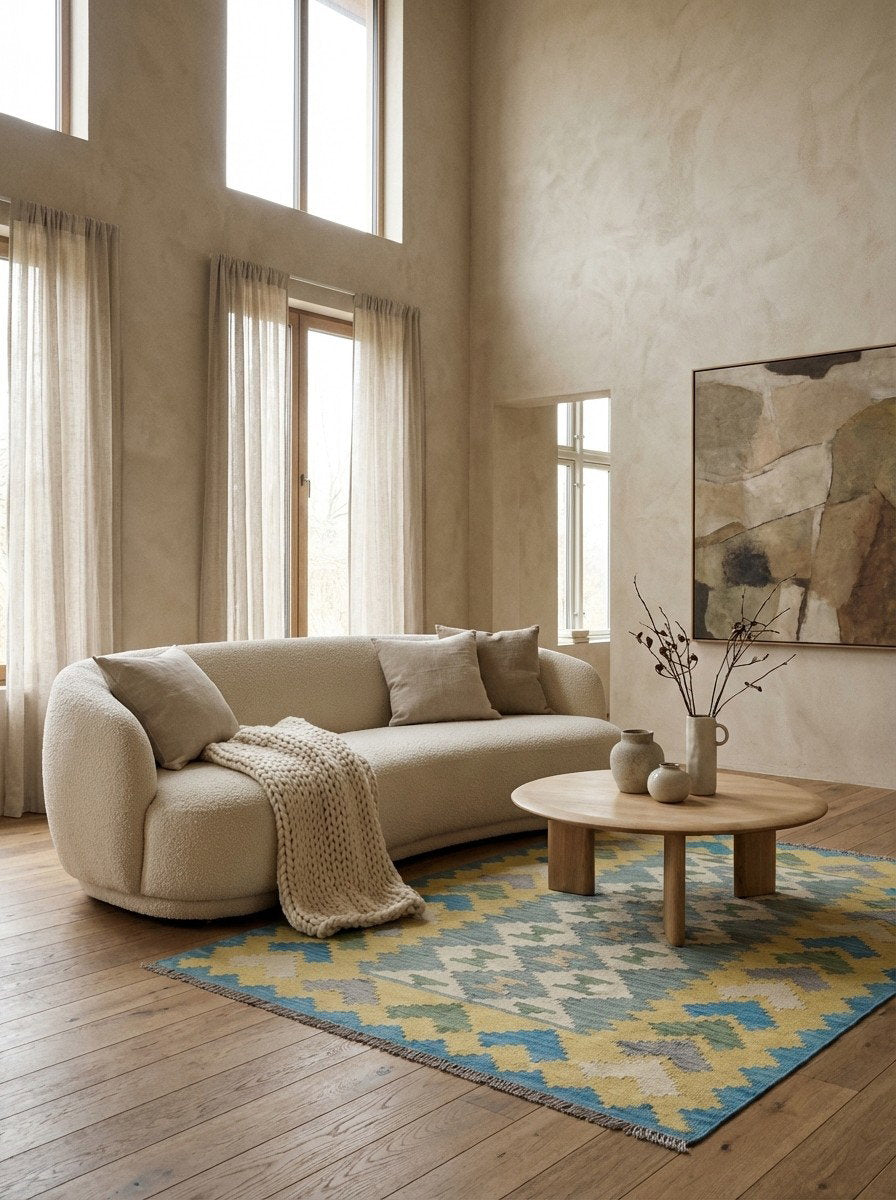 Kelim Gashgai — Handgefertigt, 167x122 cm, Gelb, 100% Virgin Wool | Detail view