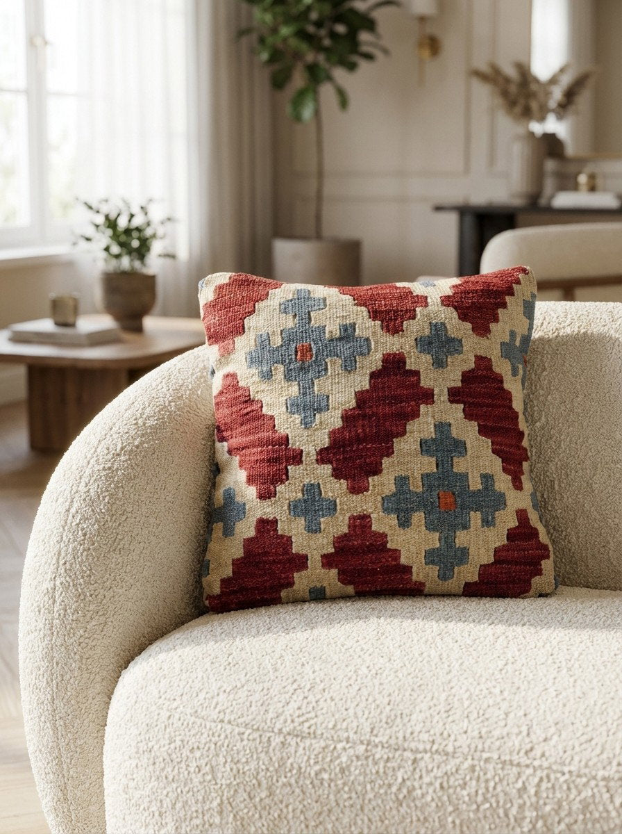 Kelim Kissen — Handgefertigt, 40x40 cm, Bunt, 100% Virgin Wool | Detail view