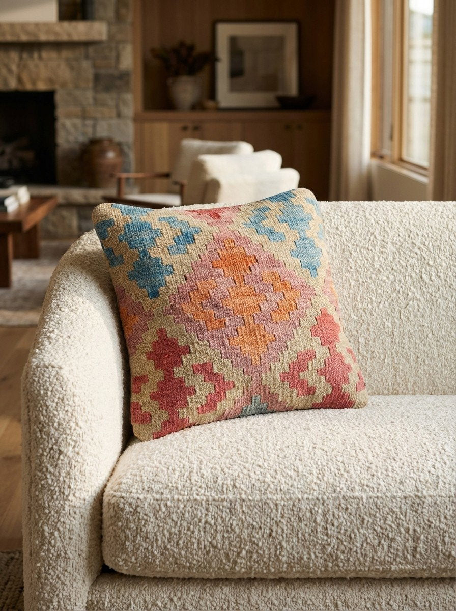 Kelim Kissen — Handgefertigt, 40x40 cm, Bunt, 100% Virgin Wool | Detail view