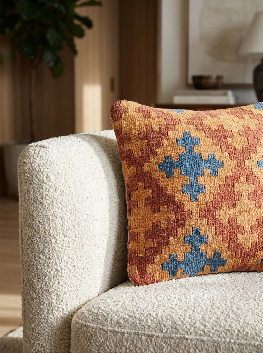 Kelim Kissen — Handmade, 40x40 cm, Multicolor, 100% Virgin Wool | Detail view