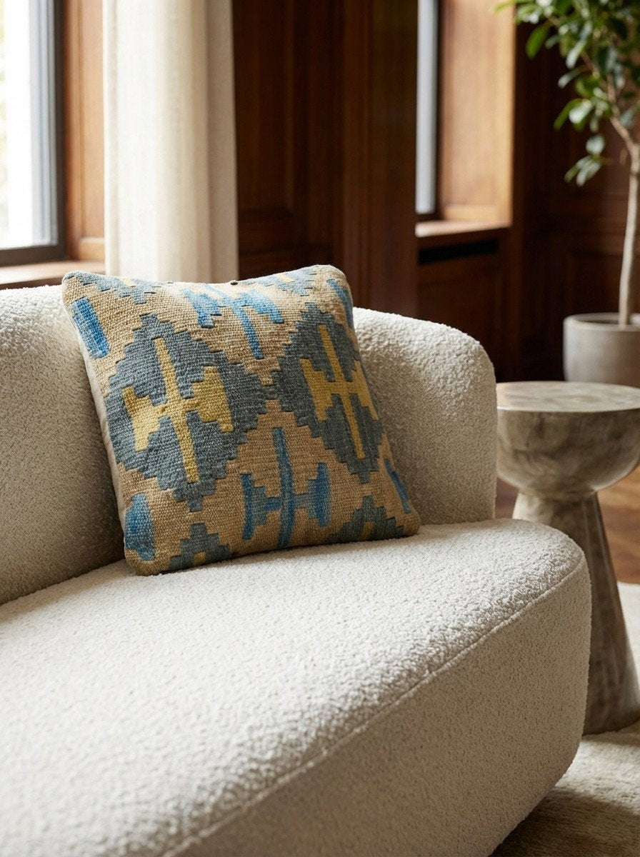 Kelim Kissen — Handgefertigt, 40x40 cm, Bunt, 100% Virgin Wool | Detail view