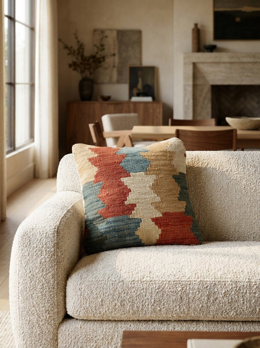 Kelim Kissen — Handgefertigt, 40x40 cm, Bunt, 100% Virgin Wool | Detail view