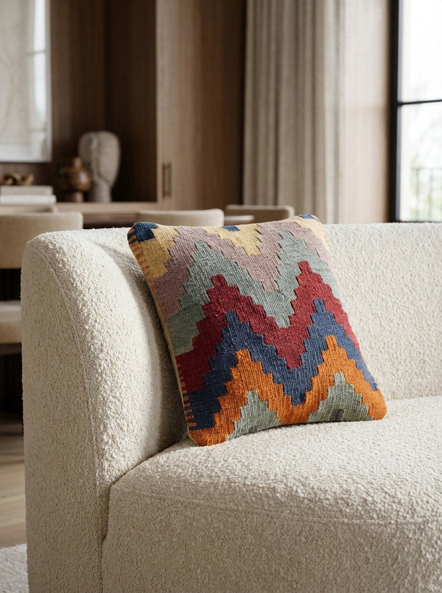 Kelim Kissen — Handgefertigt, 40x40 cm, Bunt, 100% Virgin Wool | Detail view