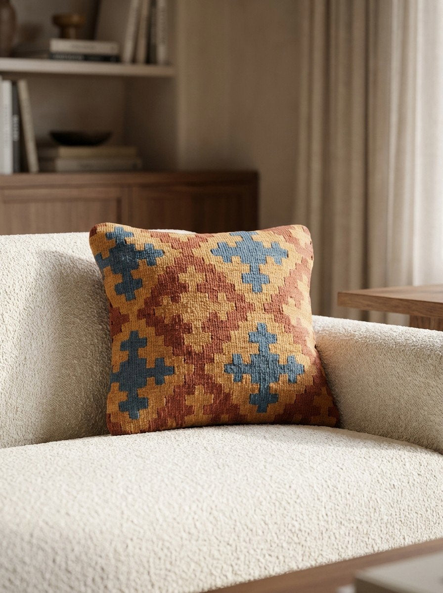 Kelim Kissen — Handgefertigt, 40x40 cm, Bunt, 100% Virgin Wool | Detail view