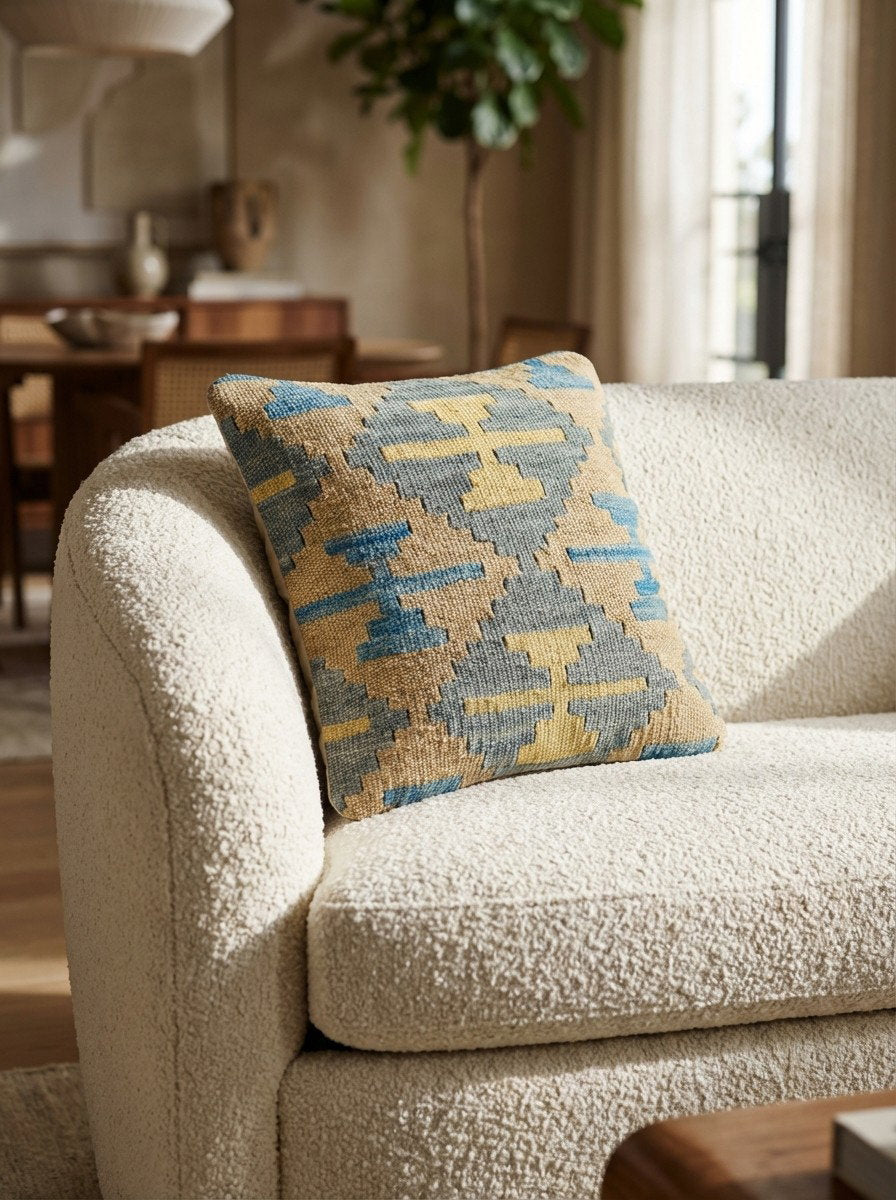 Kelim Kissen — Handgefertigt, 40x40 cm, Bunt, 100% Virgin Wool | Detail view