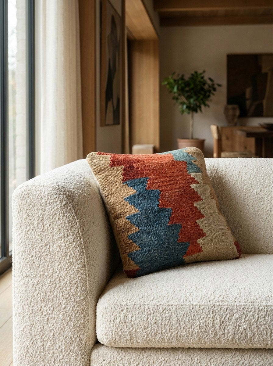 Kelim Kissen — Handgefertigt, 40x40 cm, Bunt, 100% Virgin Wool | Detail view