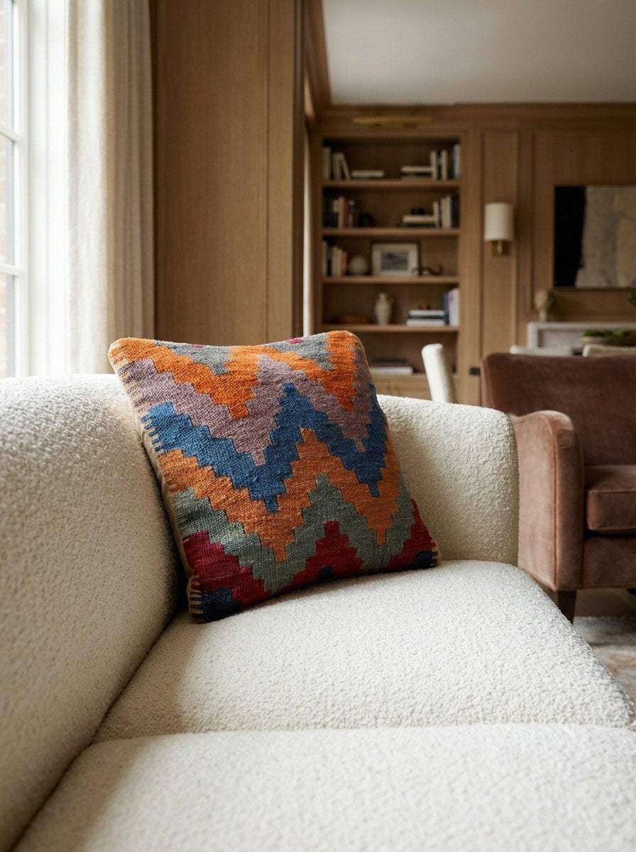 Kelim Kissen — Handgefertigt, 40x40 cm, Bunt, 100% Virgin Wool | Detail view