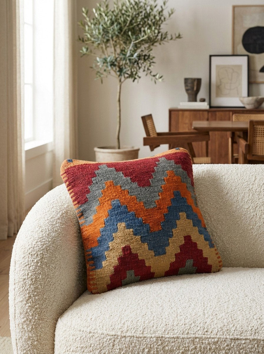 Kelim Kissen — Handgefertigt, 40x40 cm, Bunt, 100% Virgin Wool | Detail view