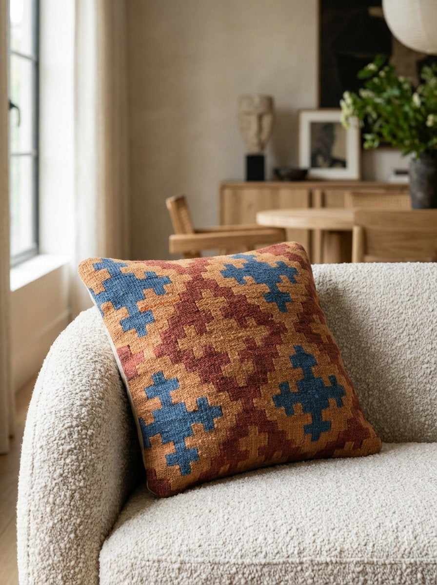 Kelim Kissen — Handgefertigt, 40x40 cm, Bunt, 100% Virgin Wool | Detail view