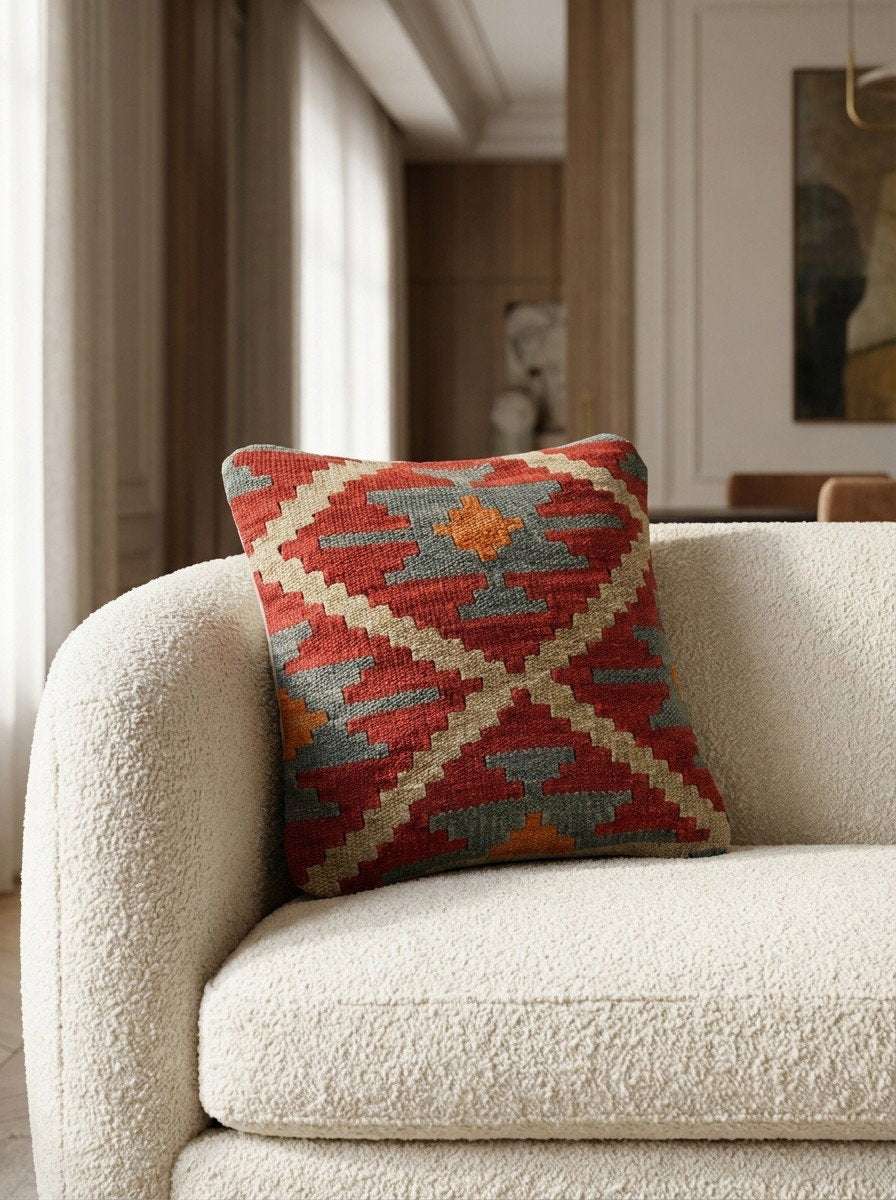 Kelim Kissen — Handgefertigt, 40x40 cm, Bunt, 100% Virgin Wool | Detail view