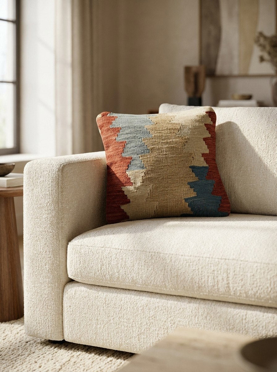 Kelim Kissen — Handgefertigt, 40x40 cm, Bunt, 100% Virgin Wool | Detail view