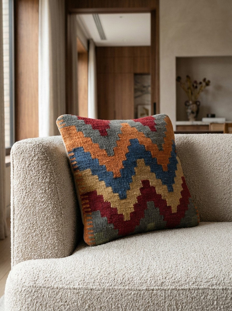 Kelim Kissen — Handgefertigt, 40x40 cm, Bunt, 100% Virgin Wool | Detail view