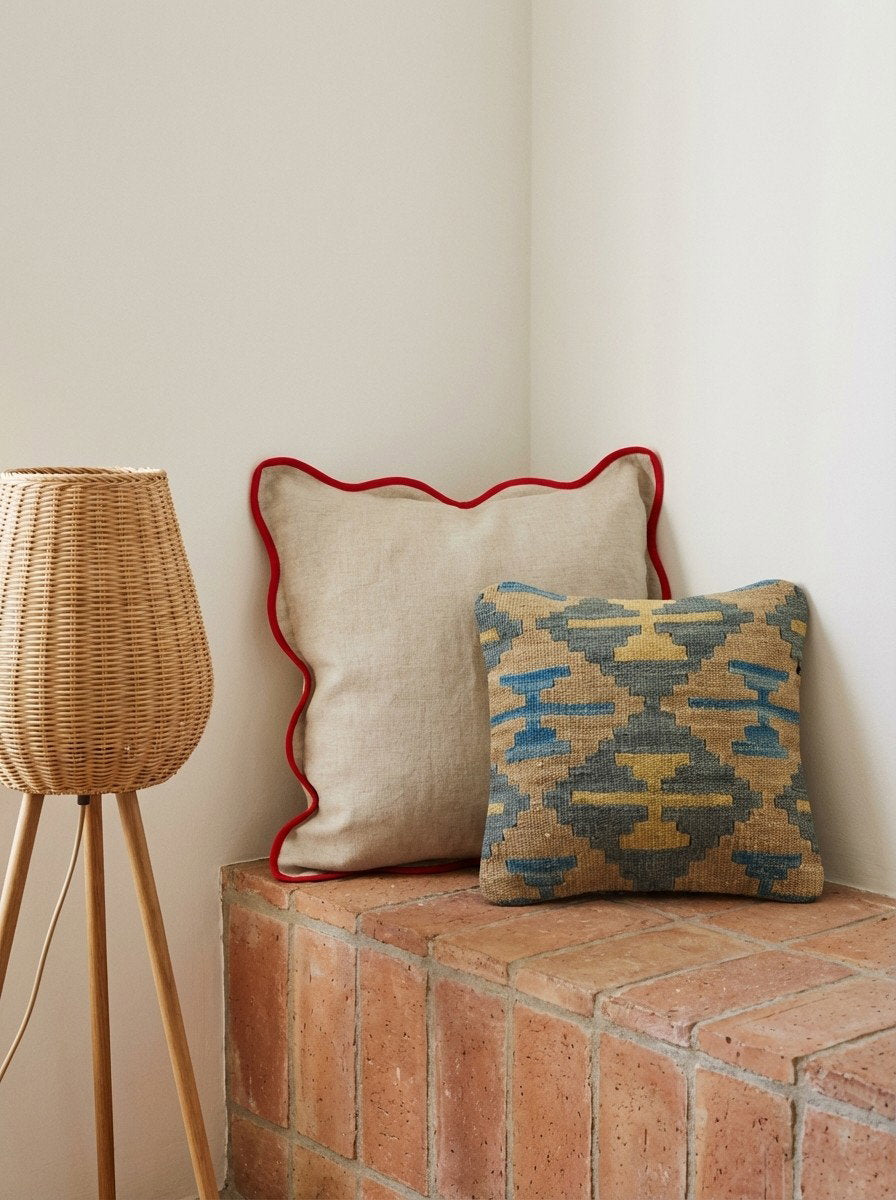 Kelim Kissen — Handgefertigt, 40x40 cm, Bunt, 100% Virgin Wool | Detail view