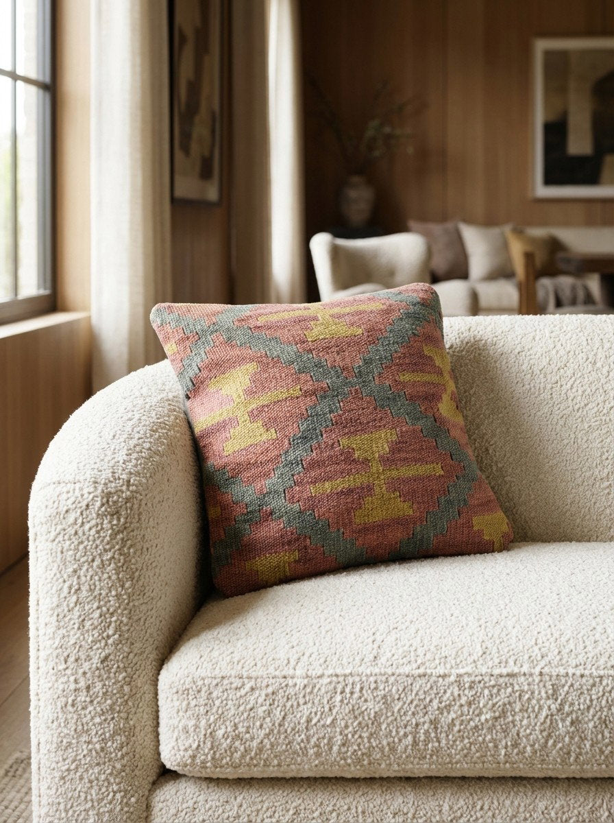 Kelim Kissen — Handgefertigt, 40x40 cm, Bunt, 100% Virgin Wool | Detail view